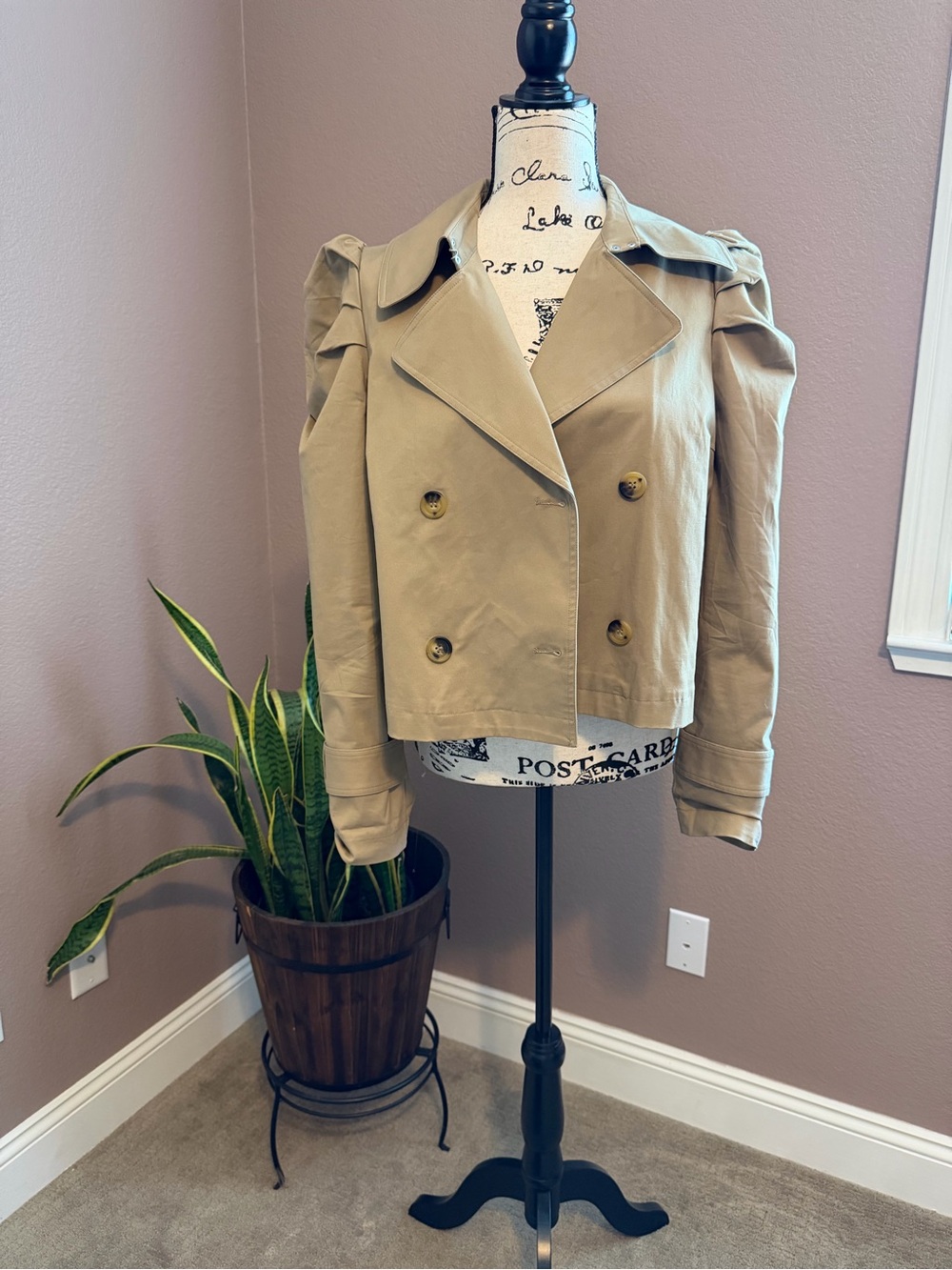 Avec Les Filles Cropped Beige Double-Breasted Trench Jacket